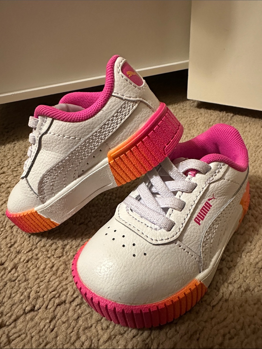 Puma Kids White Sneakers with Pink Lining and Orange-Pink Gradient Sole